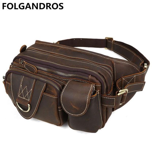 

men cowhide waist bag vintage genuine leather pack male casual chest multifunctional multiple pockets phone bolsa bags