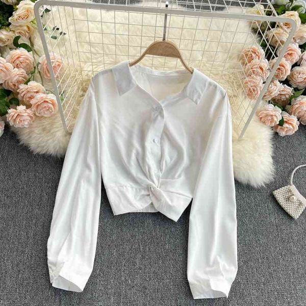 

design solid turn down collar knotted high waist all match office lady womens 210615, White