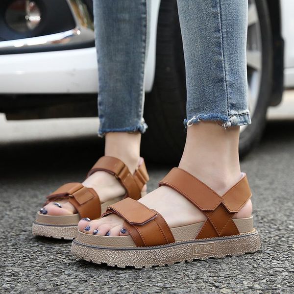 

dress shoes british style women rome sandals summer flat platform female split leather 3 colors hook & loop wedges size: 34-43, Black
