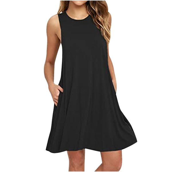 

casual dresses hillsionly plus size fashion women o-neck solid pockets sleeveless above knee dress slim fit mini elegant sundress, Black;gray