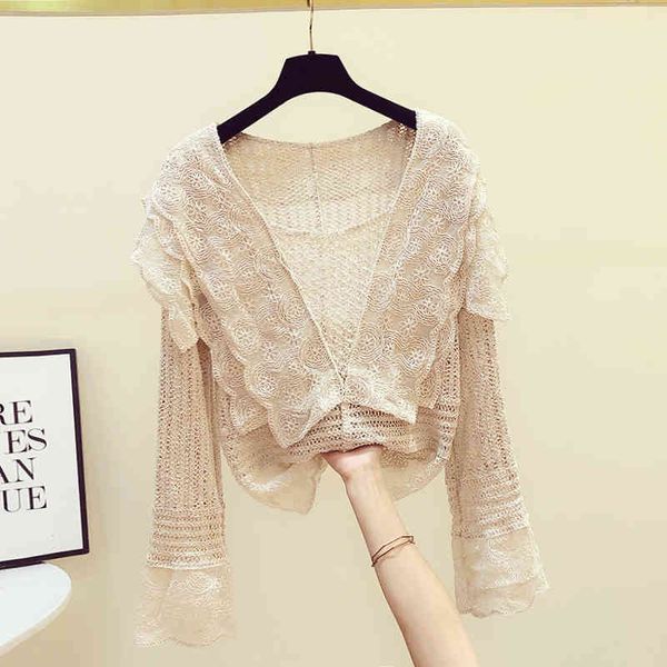 

autumn fashion women's flare long sleeves hollow out lace knitting ruffles shirts female casual shirt blouse a4018 210428, White