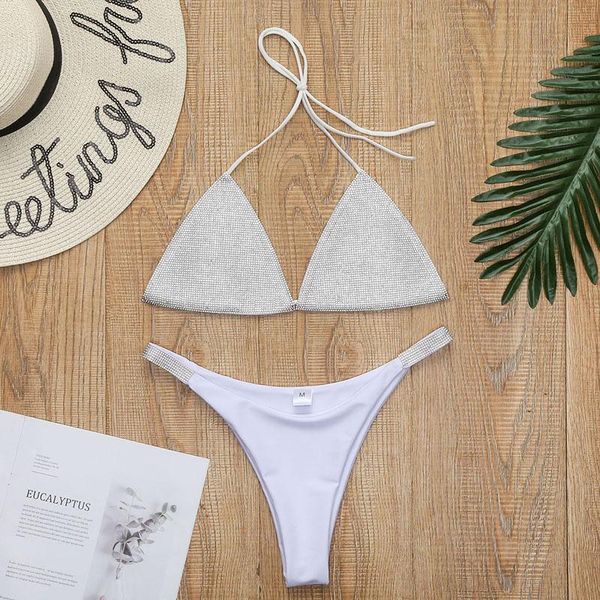 

women's swimwear pure color diamond-studded swimsuit summer fashion split suit ladies bikini beach clothing, White;black