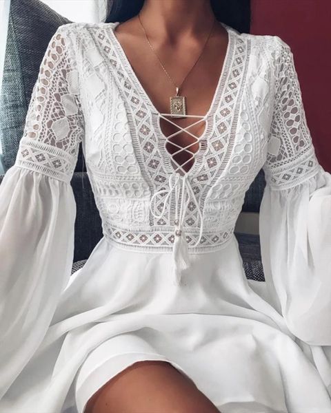 

crochet lace women dress v neck mini summer flare sleeve chiffon beach sundress elegant party sexi, Black;gray