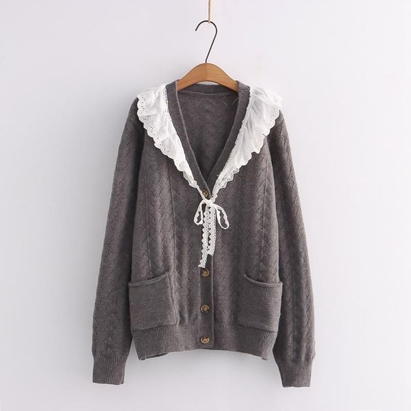 

women's knits & tees lace patchwork up women knit cardigan sweaters 2021 winter long sleeve single-breasted warm korean fashion girly s, White
