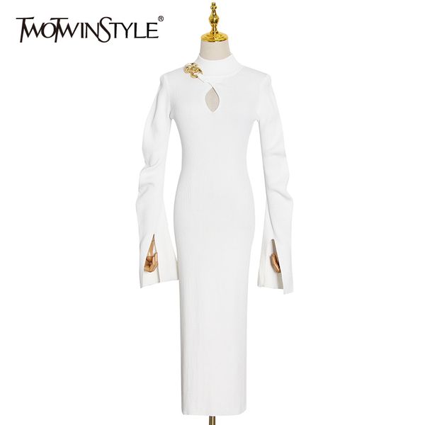 

twotwinstyle white patchwork chain slim dress for women stand collar long sleeve high waist midi knitted dresses female fashion 210517, Black;gray