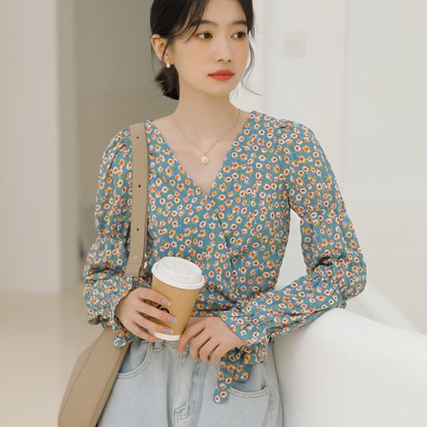 

dress autumn puff fine floral chiffon shirt lace up to bow short female blouses neck high waist harvest top, Black;gray