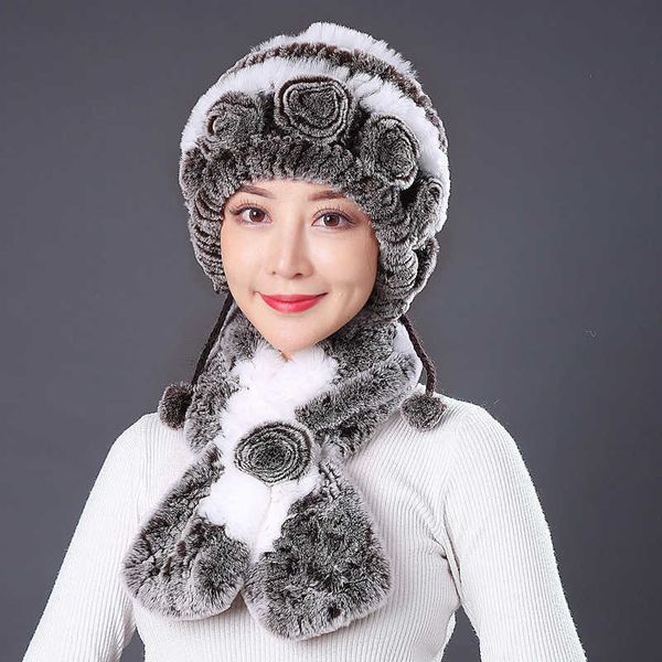 Vera Pelliccia Cappelli Sciarpe Set Donna Inverno Lavorato a maglia Rex Rabbit Sciarpa Lady Fluffy Warm 100% Naturale 2 Pezzi