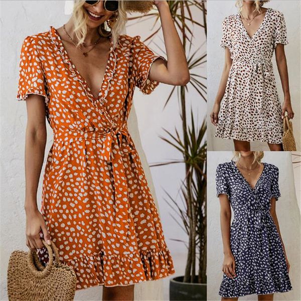 

woman casual ruffle floral lace up summer dress fashion deep v-neck short sleeve vestido boho beach white dresses for women 2021, Black;gray