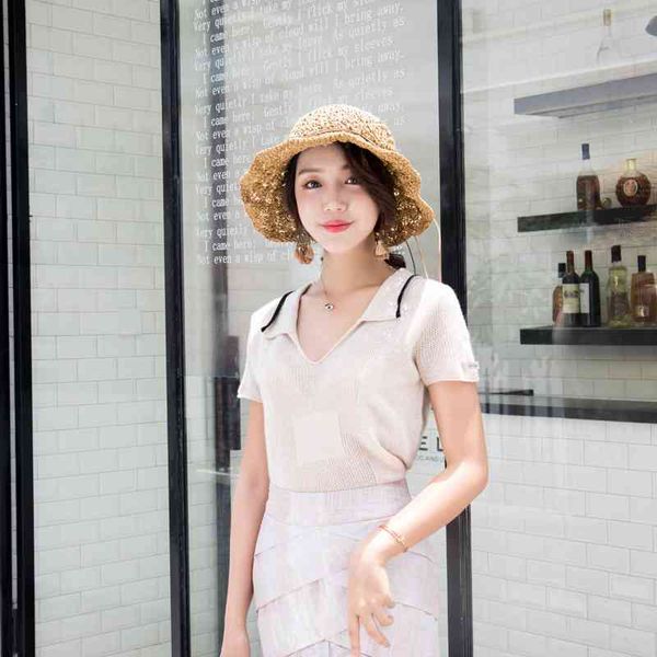 

lin cute fashion v-neck + polo ice yarn knitted top, White