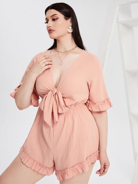 

plus tie front flounce sleeve romper c0l3#, Black