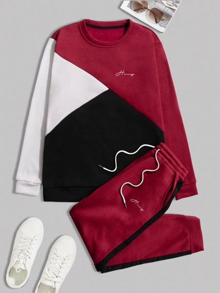 

men cut and sew letter embroidery thermal pullover & drawstring waist sweatpants l4z2#, Gray