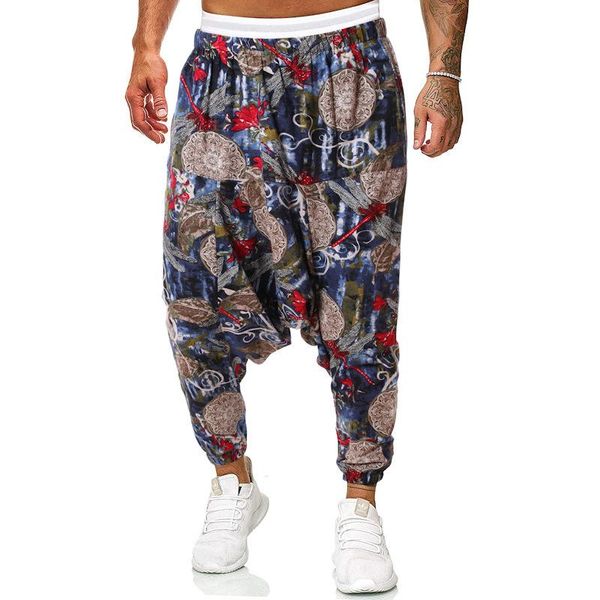 

baggy cotton mens harem pants men hip hop plus size wide leg downshift casual loose vintage printing trousers men's, Black