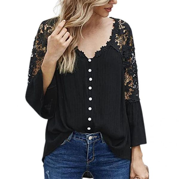 

women's blouses & shirts casual shirt flower decor flare sleeve lace patchwork blouse for home, White