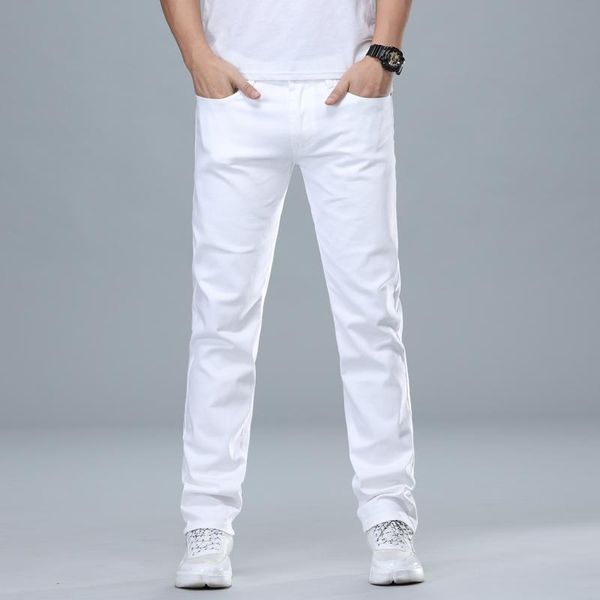 

men's jeans classic style regular fit white business fashion denim advanced stretch cotton trousers male brand pants, Blue