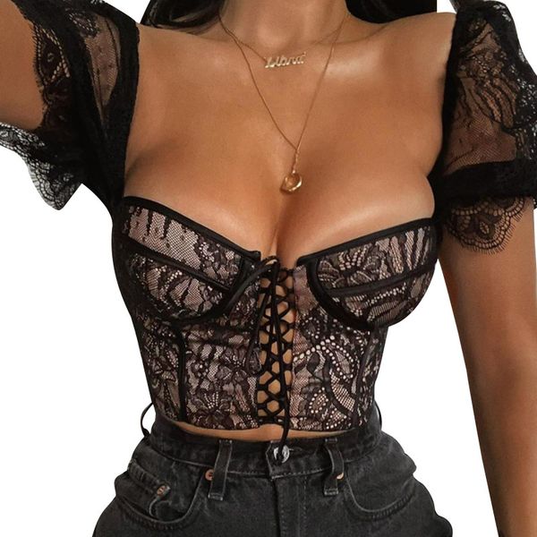 

summer new lace chest strap short sleeve shirt solid color slim temperament shirt 210422, White