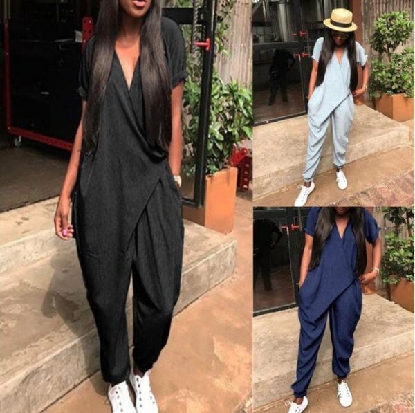 

women's jumpsuits & rompers fashion super comfy casual short sleeve deep v jumpsuit sideband bandwidth loose piece trousers singer cost, Black;white