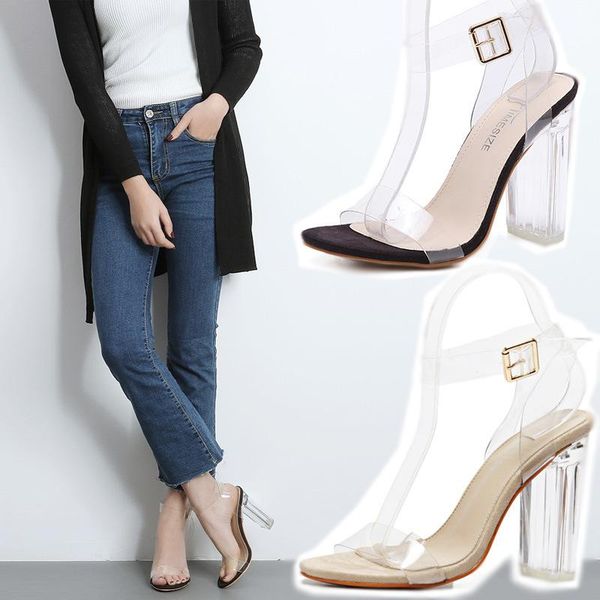 

dress shoes classics fashion summer clear heels sandals pu ankle strap high women casual buckle beach, Black