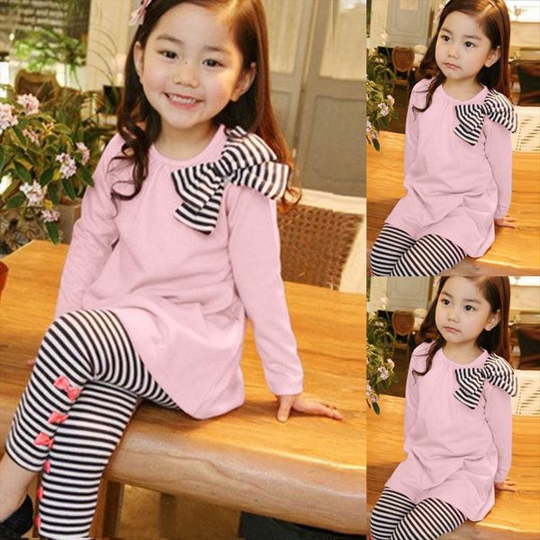 

4 bow stripe printed outfits toddler girl kids clothes long sleeve t shirt pants set round neck sets ropa nia, White