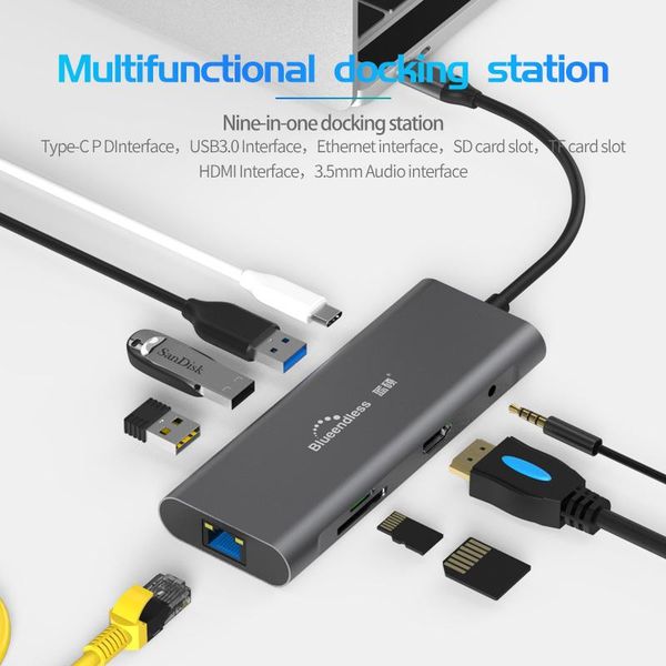 

hubs usb c hub type 3.1 9 in 1 adapter docking station with 4k /ethernet/sd&tf card reader/audio for mac&type lap