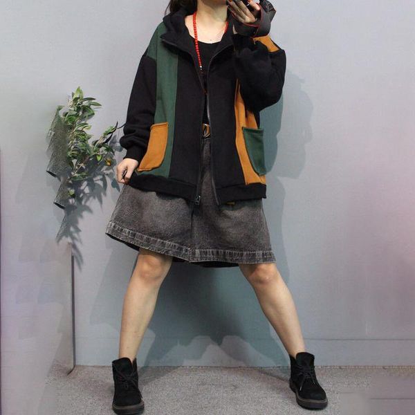 

women's jackets [ewq] spring autumn fashion lapel long sleeve hit colors patchwork zipper loose vintage jacket women coat 3ak06401, Black;brown