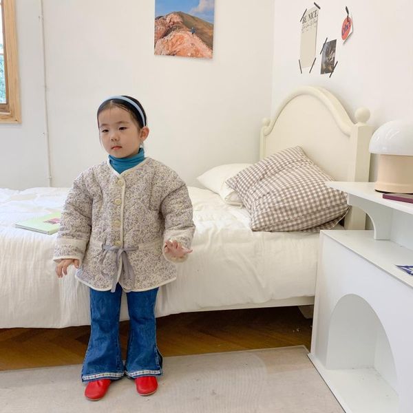 

down coat baby girls' cotton padded jacket winter 2021 floral korean fashion kids girls clothes thickening warm overcoats, Blue;gray