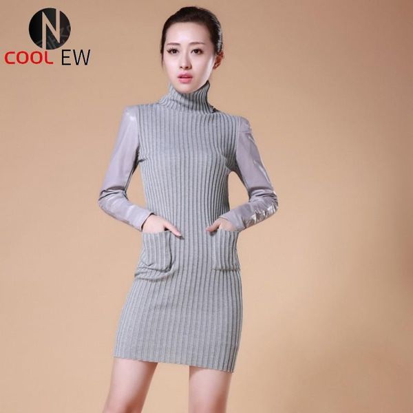

casual dresses women winter bodycon knitted dress turtleneck genuine leather patchwork long sleeve elastic knitwear wrap slim fit, Black;gray