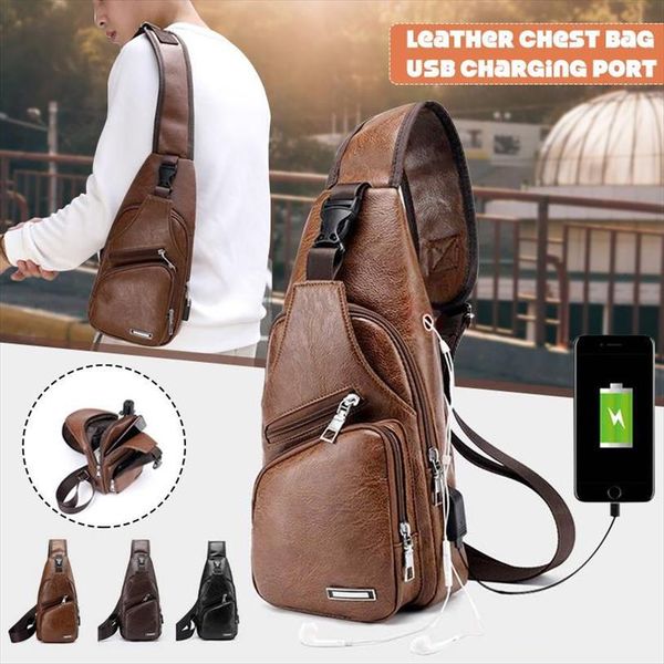 

mens chest bag usb charging hole casual outdoor leather pu pvc shoulder bags charger backpack travel male sling crossbody pack