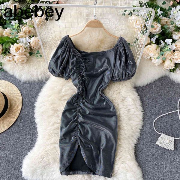 

women hollow ruched dress korean square collar short sleeve slim party es summer fashion streetwear pencil 210512, Black;gray