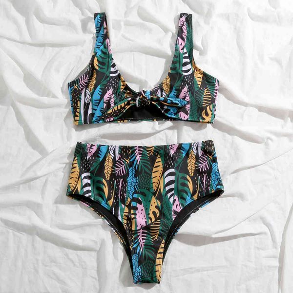 

high waist bikini set tropical swimwear women swimsuits push up biquini floral printed bikinis twist front beach wear 210520, White;black