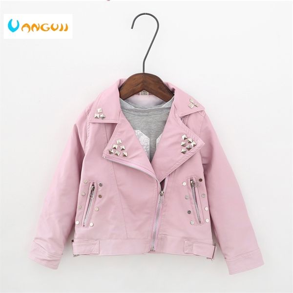 Mädchen Frühling Herbst Jacke 2-7 Jahre alt Mode PU Revers Mantel Metallnieten Motorrad Ledergürtel Kinder s 211011