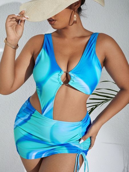 

plus abstract pattern ring linked one piece swimsuit g1ly#, Black