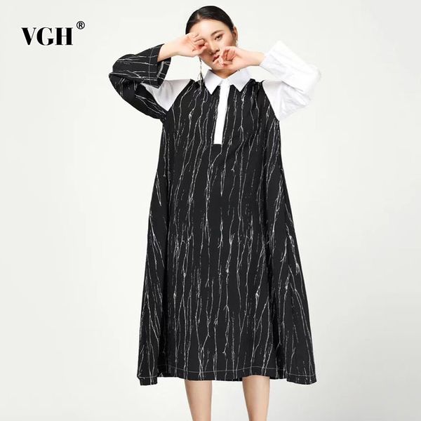 VGH Vestido Solto para Mulheres Lapela Manga Longa Casual Striped Streetwear Mid Spring Vestidos Feminino Outono Roupas 210421