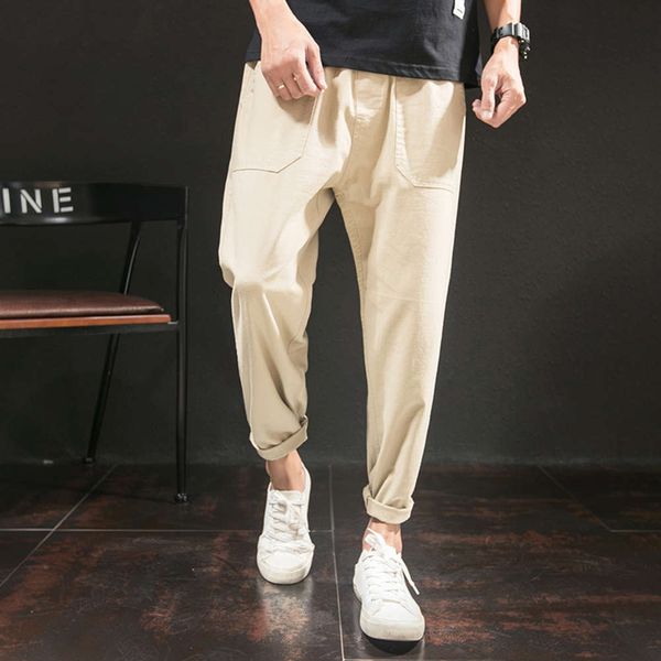 

men's pants summer chinese style linen capris casual loose harem leggings tv0k, Black