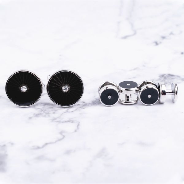 

trendy black enamel cufflinks studs set with gift box round shape cufflinks rhinestone decoration tuxedo shirt men jewelry gift, Silver