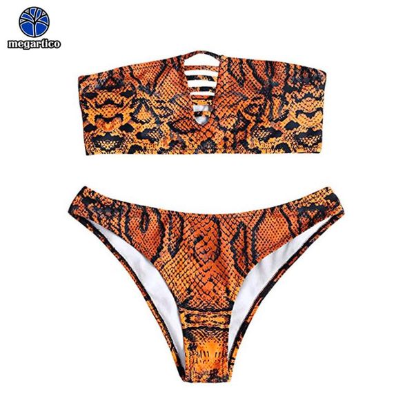 

women's swimwear ribbed bikini front hollow out snake skin bandeau strapless biquini 2021 brasileiras horizontal bathing suit set, White;black