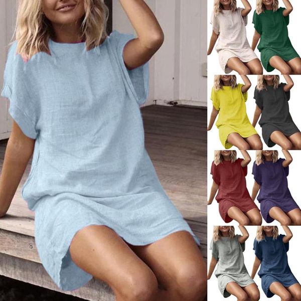 

casual dresses 9 color summer women's loose solid short-sleeved t-shirt dress o-neck home beach midi 2021, Black;gray