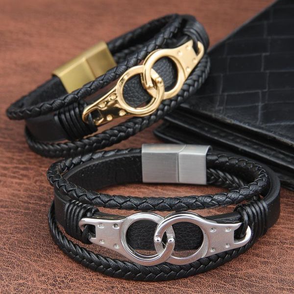 

charm bracelets stainless steel leather cord bracelet source factory wholesale handcuffs multilayer braided, Golden;silver