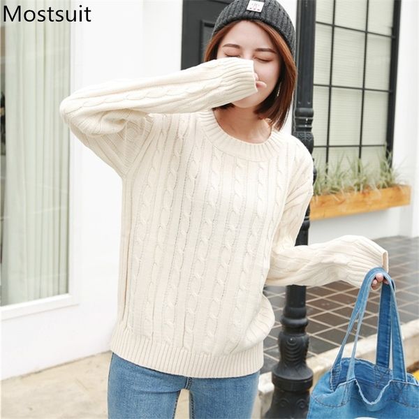 

autumn korean twisted knitted women sweaters pullovers long sleeve o-neck casual fashion solid female femme 210518, White;black