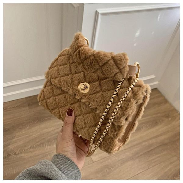 

waist bags 2021 faux fur woman plaid shoulderbag plush chain small square bag