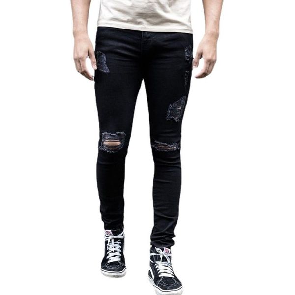 

men's jeans 2021 spring autumn men black knee ripped hole slim skinny stretch casual hip hop streetwear male denim pants, Blue