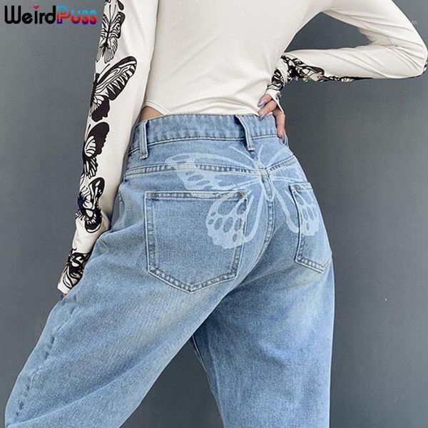 

weird puss butterfly print baggy harajuku jeans women straight leg casual high waist y2k pants streetwear denim cotton trouser women's, Black;white