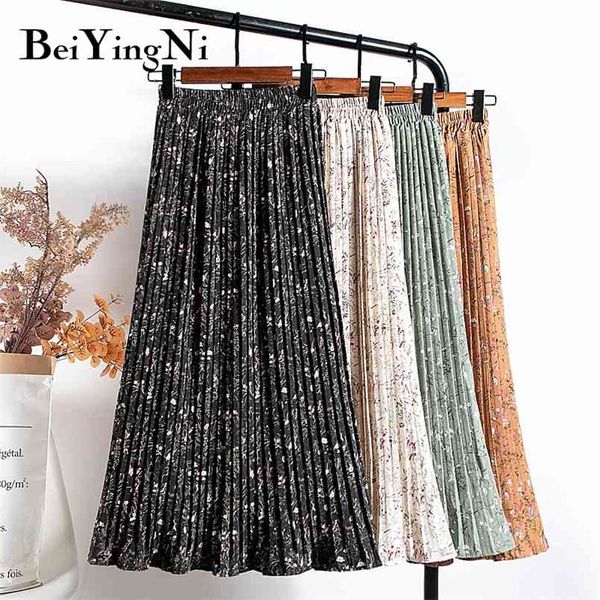 

pleated skirts womens high street leisure floral print chic harajuku skirt black long korean fashion saias mujer cloth 210506