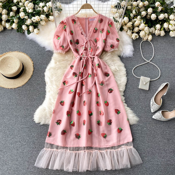 

women pink stberry sequin mesh long dress summer sweet v-neck short puff sleeve high waist vestidos elegant female robe 2021, Black;gray