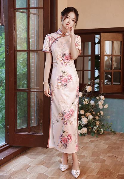 

ethnic clothing autumn women printed satin broadside short sleeve long qipao elegant orientale mandarin collar cheongsam oversize 4xl, Red