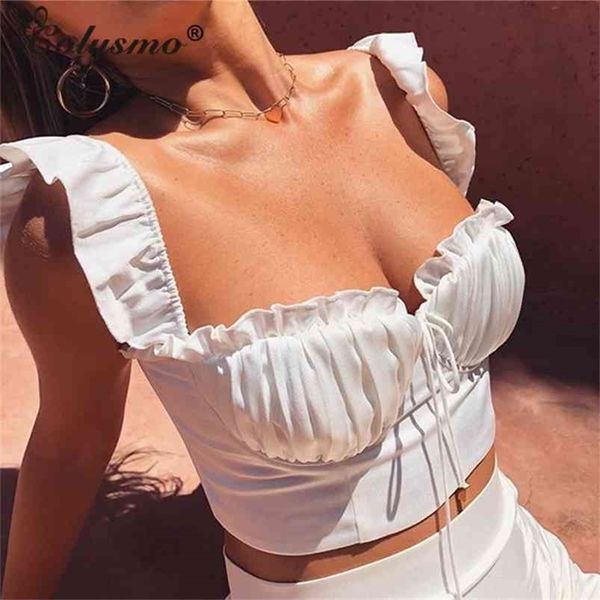 Colysmo White Tops Mulheres Can Off Ombro Backless Sexy Crop Top Verão Vintage Ruffles Drape Ruched Lace Up Casual Cropped 210407