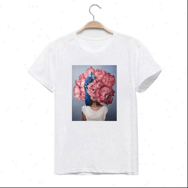 

women t shirts cotton fashion flowers feather harajuku modern aesthetics art print short sleeve tees casual shirt, White