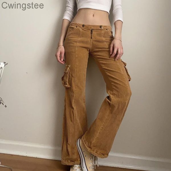 

women's pants & capris vintage solid corduroy low waist flare streetwear casual pocket zipper sweatpants harajuku fashion trousers, Black;white