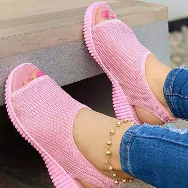 

sandals summer comfortable women fashion casual shoes pure color mesh knitted print flat bottom trend go all-in 2021, Black