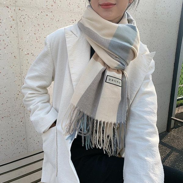 

scarves scarf female 2021 winter plaid yarn dyed tassel imitation cashmere fashion medium long warm shawl bib, Blue;gray