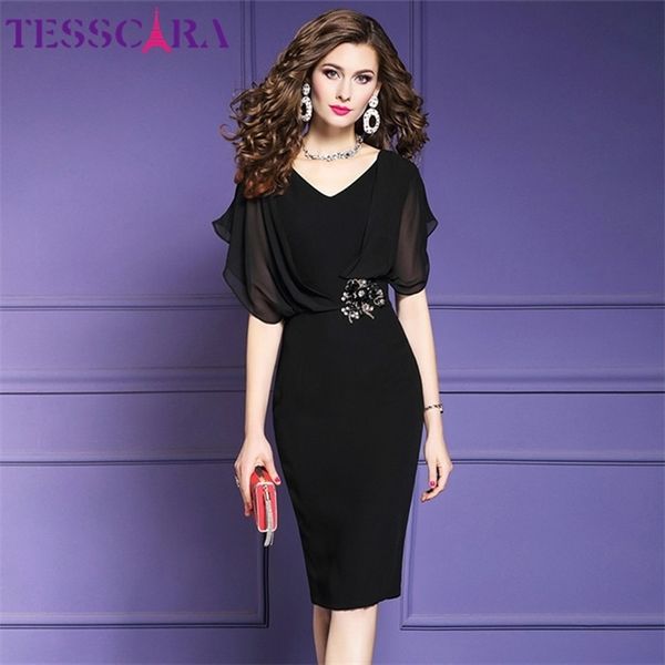 Tesscara Mulheres Verão Elegante Escritório Vestido Festa Feminino Moda Lápis Partido Robe Femme Vintage Império Designer Chiffon Vestidos 210409